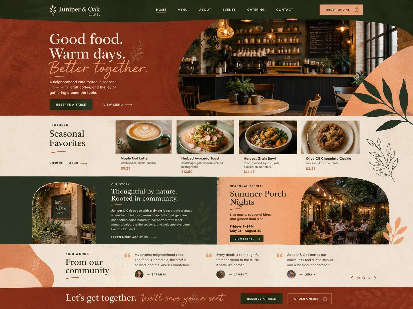 Juniper and Oak Cafe website concept